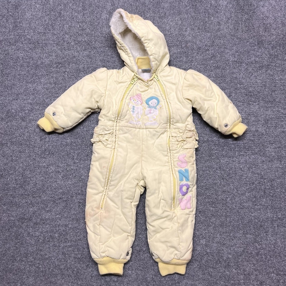 VTG Mighty Mac Snowsuit Baby Girls 12 Months Yellow Snowman Hooded Puffer Winter